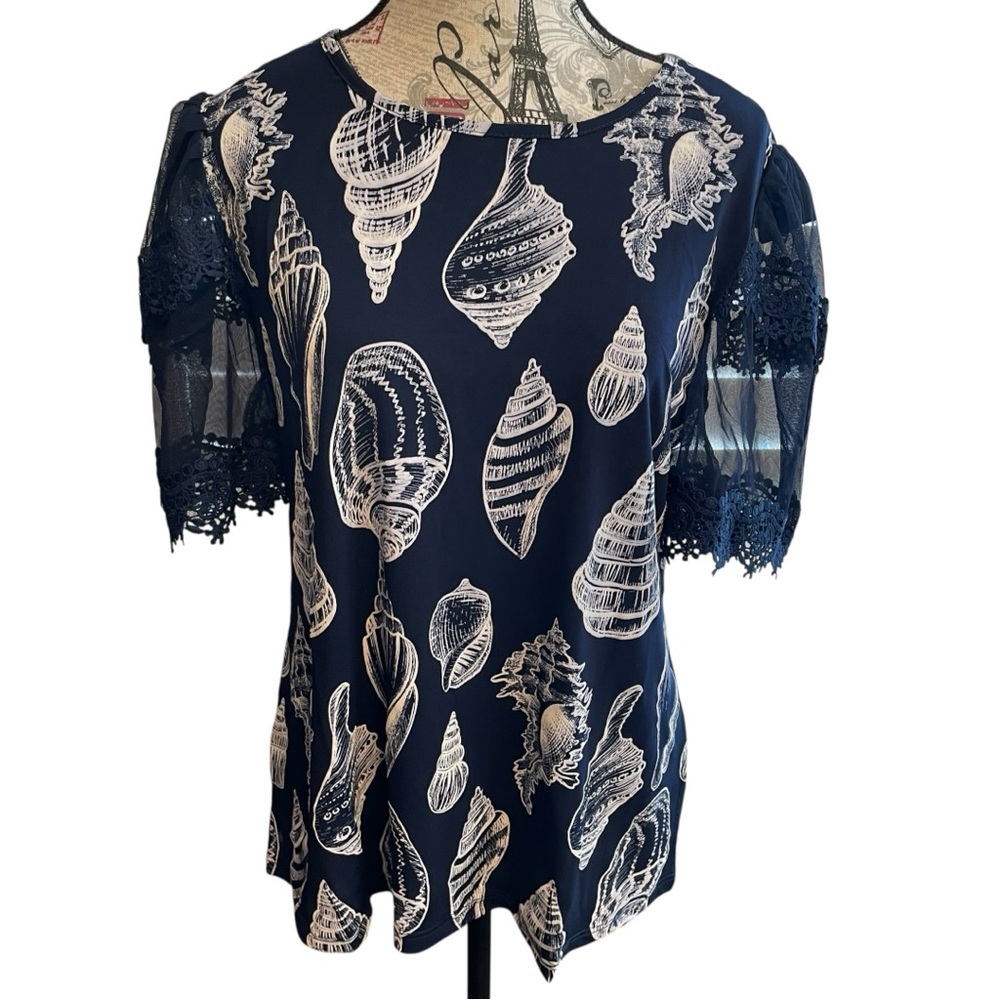 Chic Navy Shell Print Blouse with Lace Sleeves